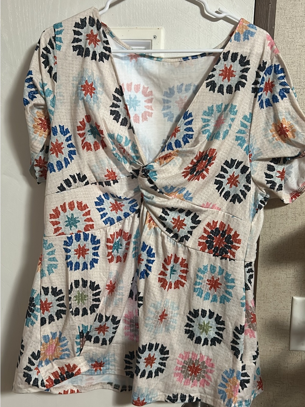 SHEIN Cream Twist-Front V-Neck Boho Circle Print Blouse